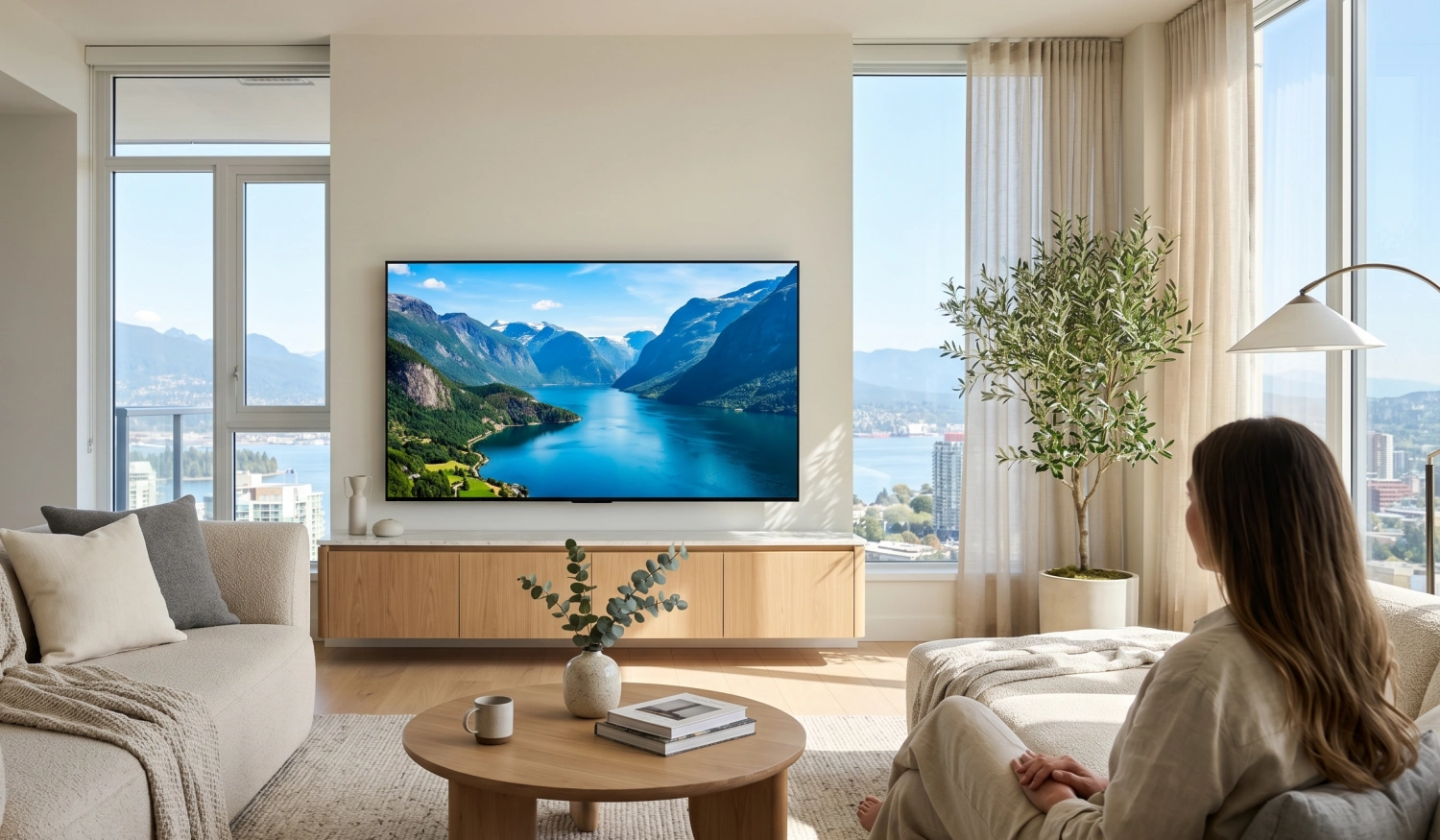 Aydınlık ve lüks minimalist bir salonda, sırtı dönük bir kadın, büyük pencereden şehir manzarası eşliğinde, duvara monte edilmiş geniş ekranda gösterilen görkemli dağ ve fiyort manzarasını yansıtan en iyi televizyon modellerinden birini keyifle izliyor.