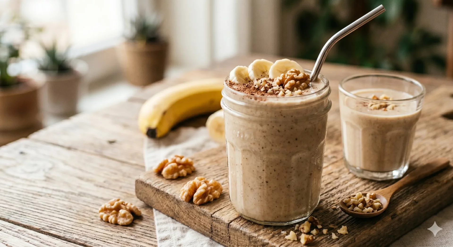 Ahşap bir masa üzerinde, muz dilimleri, bütün ceviz taneleri ve hafif kakao serpiştirilmiş, metal pipetli büyük bir kavanoz muzlu ve cevizli smoothie, yanında küçük bir bardak ve kıyılmış cevizli ahşap kaşık, yaz sporları için ideal, yüksek performans sağlayan pratik bir yakıt olarak duruyor.