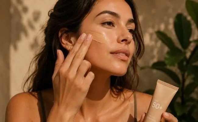 Güneşli bir ortamda, koyu saçlı bir kadın elinde üzerinde SPF 50+ yazan bir tüp tutarak, parmaklarıyla şakak bölgesine ve yanağına renkli güneş koruyucu uyguluyor, cildindeki ürünü özenle dağıtırken yüzünde hafif bir parıltı belirgin.