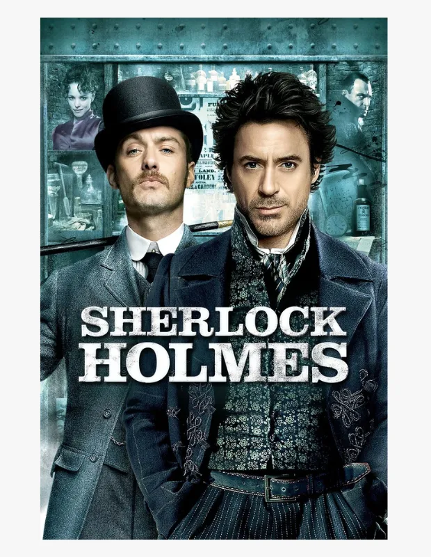 Robert Downey Jr.ın canlandırdığı enerjik ve dağınık saçlı dedektif Sherlock Holmes ile melon şapkalı Doktor Watson rolündeki Jude Law'ın önde yer aldığı bu film afişi, Sherlock Holmes evreninin aksiyon ve gizem dolu dizi-film uyarlamalarını başarılı bir şekilde yansıtırken, arka planda Irene Adler gibi kilit karakterlerin ve Viktorya dönemi atmosferinin detayları beliriyor.