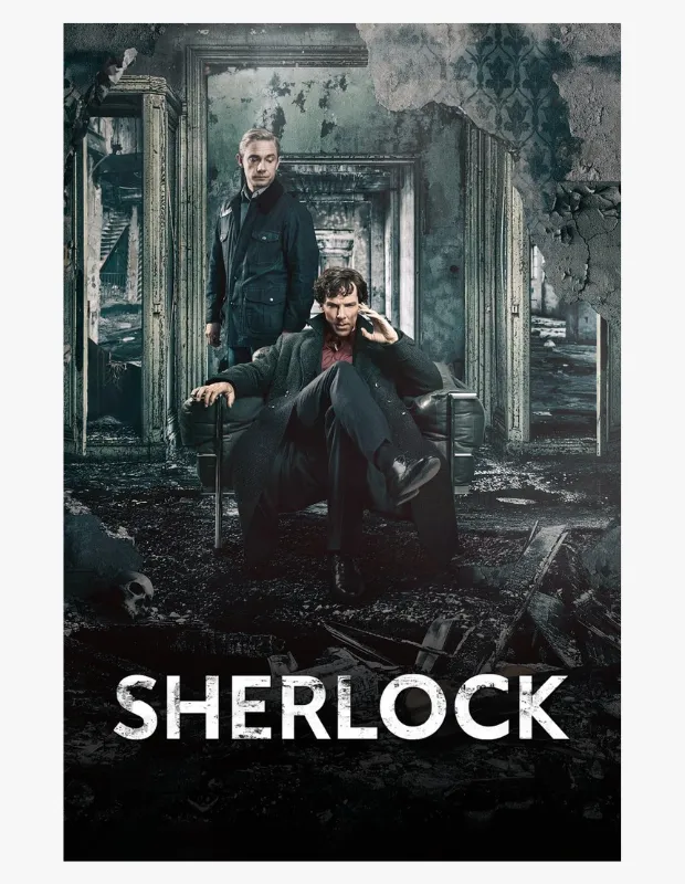 Benedict Cumberbatch'in canlandırdığı Sherlock Holmes'un yıkık dökük bir odada koltukta düşünceli bir şekilde oturup telefonla konuştuğu, Martin Freeman'ın ise sadık dostu Dr. Watson olarak arkasında durduğu bu çarpıcı görsel, A’dan Z’ye ele alınan modern Sherlock Holmes evreninin en dikkat çekici dizi uyarlamalarından birini, BBC Sherlock'u temsil ediyor.