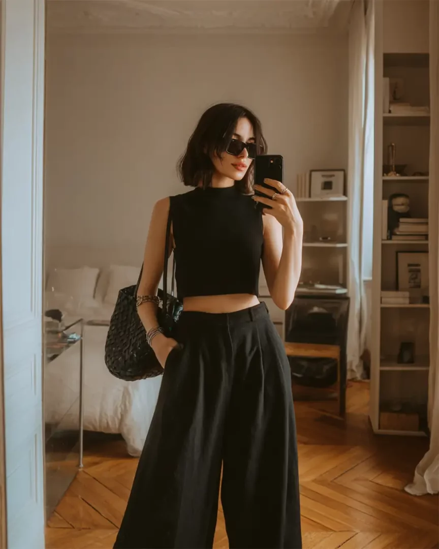 Bir aynadan yansıyan, kısa koyu saçlı genç bir kadın, siyah kolsuz dik yaka crop top ve siyah pilili geniş paça pantolon giyerek siyah monokrom stilini sergilerken, elinde telefonla selfie çekiyor; yüzünde siyah güneş gözlükleri, omzunda büyük siyah örgü çanta ve kolunda zarif bilezikler dikkat çekiyor.
