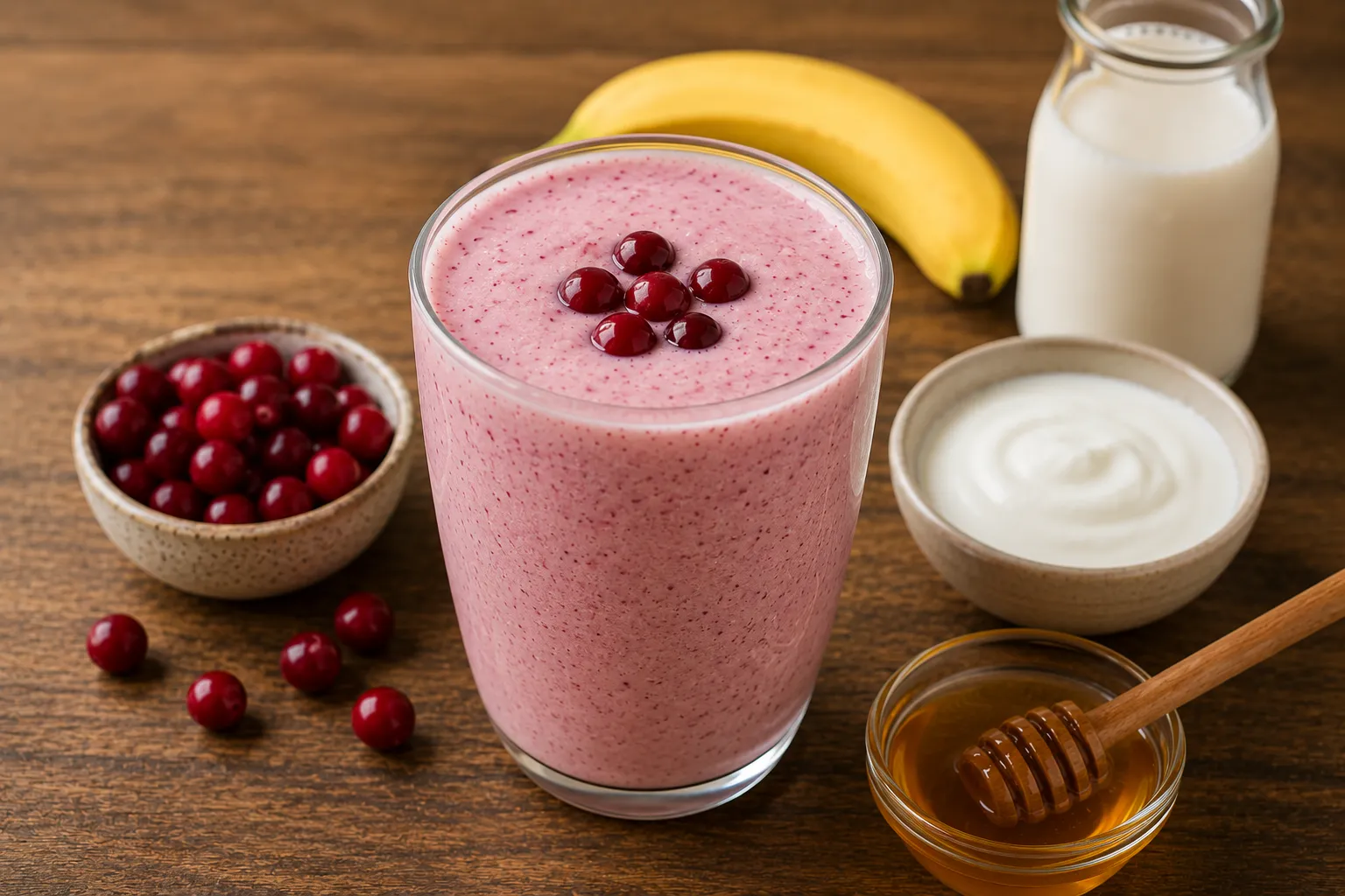 Ahşap bir masa üzerinde, altı parlak kırmızı kızılcıkla süslenmiş, pembe tonlarında pürüzsüz bir kızılcık smoothie bardağı, etrafında taze kızılcıklar, sarı bir muz, bir şişe süt, kremalı bir kase yoğurt ve ahşap bal kaşığıyla bal, sağlıklı ve lezzetli bir içecek sunumu.