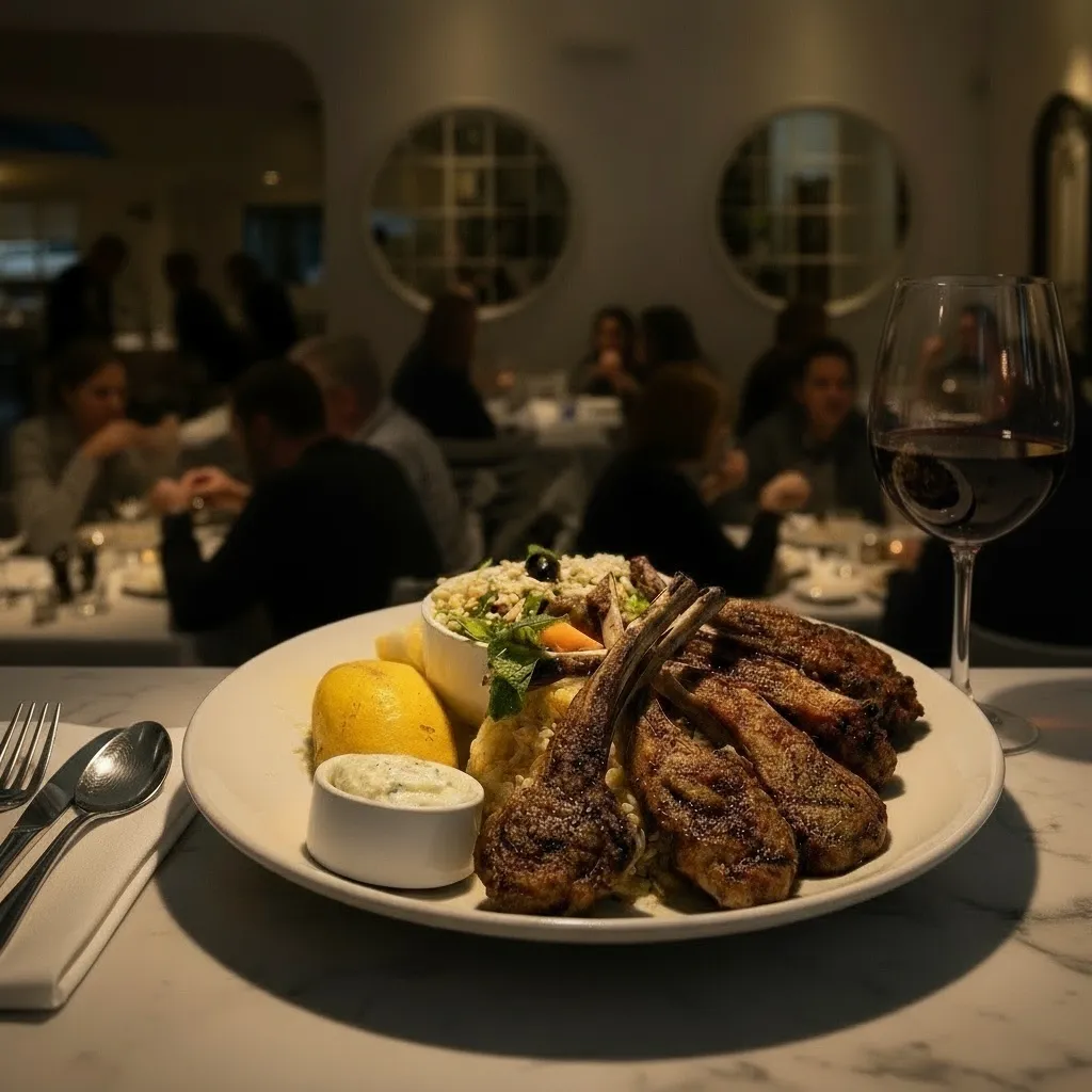 Loş ışıklı bir taverna ortamında, beyaz bir tabakta özenle servis edilen kemikli kuzu pirzolalar, zeytinli bulgur salatası, taze limon dilimi ve cacık sosuyla sunulan iştah açıcı ana yemeğin ve yanında duran kırmızı şarap kadehinin yakın çekimi, Taverna Gorgona'nın samimi ve davetkar atmosferini yansıtıyor.
