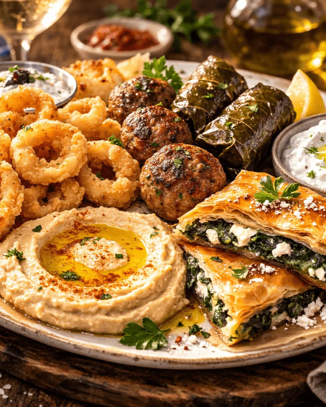 Cömert bir Taverna Gorgona meze tabağında, altın rengi çıtır kalamar tavaların, taze otlarla zenginleştirilmiş köftelerin, parlak yeşil yaprak sarmaların, zeytinyağlı pürüzsüz humus ve iç harcı görünür ıspanaklı, peynirli çıtır börek dilimlerinin uyumlu bir şekilde sunulduğu bu doyurucu Yunan mutfağı şöleni göz kamaştırıyor.