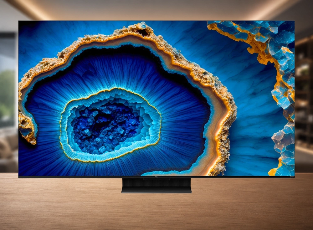 Büyük bir televizyon ekranında, derin mavi ve altın renklerinde, kristal detaylara sahip göz alıcı bir akik veya jeod kesiti belirginleşiyor; 85 inçlik bu TCL 4K televizyon, ahşap bir yüzeyde konumlanmış hâlde, adeta bir sinema televizyonu deneyimi sunarak görsel şölen yaratıyor.
