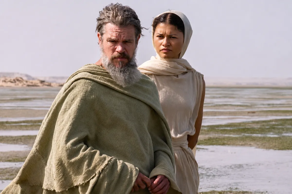 Odysseia destanı uyarlaması Christopher Nolan imzalı The Odyssey filminden kapak görselinde Matt Damon ve Zendaya, yapımın epik macera ve mitolojik yolculuk atmosferini yansıtan bir sahnede görülüyor.