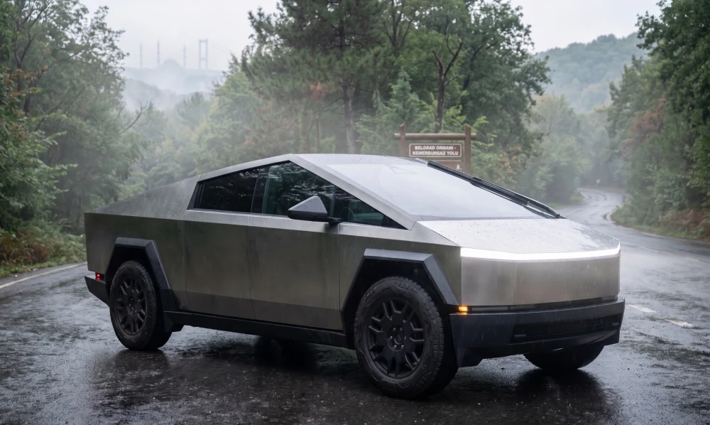 Islak asfalt bir yolda park edilmiş, yağmur damlacıklarıyla kaplı fütüristik gümüş renkli bir Tesla Cybertruck, yemyeşil Belgrad Ormanı'nın ağaçları ve sisli havada görünen uzak bir köprü ile çevrelenmiş modern ve doğal bir tezat oluşturuyor.