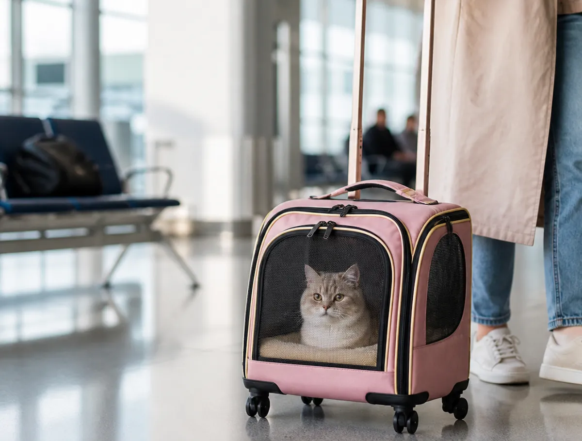 Bir havalimanı bekleme alanında, gri ve kahverengi tonlarında kürkü olan, pembe renkli, şeffaf file pencereli tekerlekli kedi taşıma çantasının içinde dikkatle oturan bir kedi, uçak yolculuğu öncesi sahibiyle sakin bir an yaşıyor.