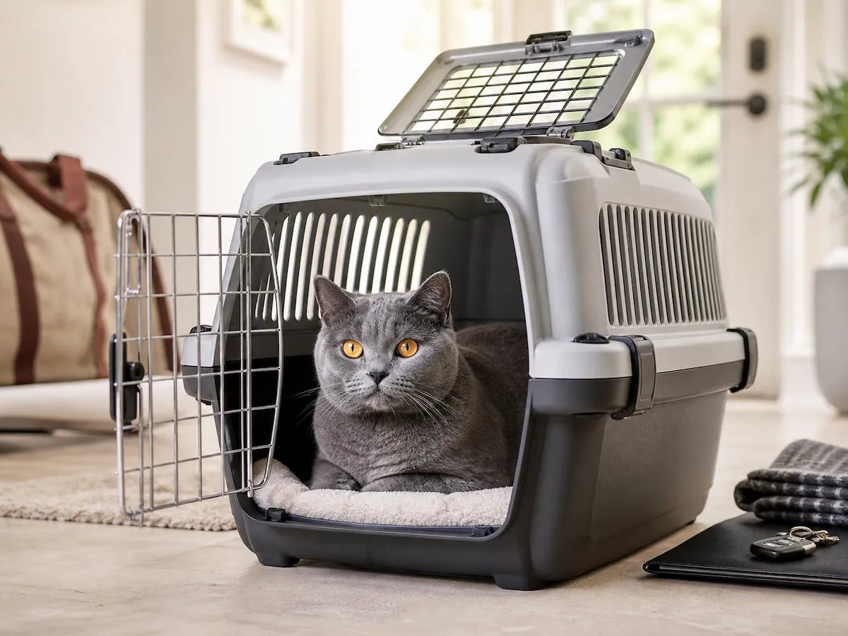 Gri British Shorthair cinsi bir kedi, içinde yumuşak bir yatak olan, üstten açılan ve sağlam sert plastik yapısıyla Kedi Taşıma Çantası Nasıl Seçilir başlığı altında bahsedilen rahatlığı ve güvenliği sunan siyah-gri renkli bir taşıma kutusunda dinginlikle duruyor.