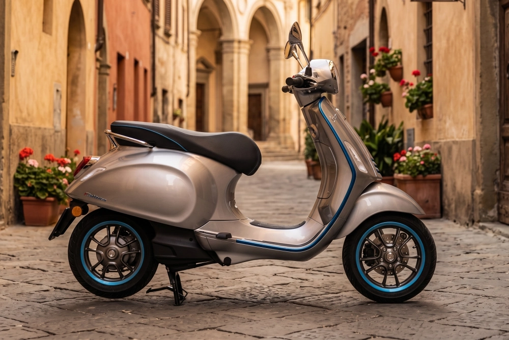 Gümüş renkli, mavi detaylara sahip bir Vespa Elettrica elektrikli scooter, taş döşeli dar bir İtalyan şehir içi sokağında, kemerli tarihi binalar ve saksıda kırmızı sardunyalar arasında park edilmiş duruyor.