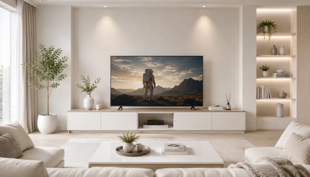 Modern ve ferah bir oturma odasında, sade beyaz TV ünitesi üzerinde, astronotun uzaylı bir gezegende gün batımını gösteren bir sahne yayınlayan geniş ekran bir televizyon konumlandırılmış; etrafında bitkilerle süslenmiş raflar ve rahat kanepeler, evin salonlar için en iyi televizyonlar konseptini destekleyen bir ambiyans yaratıyor.