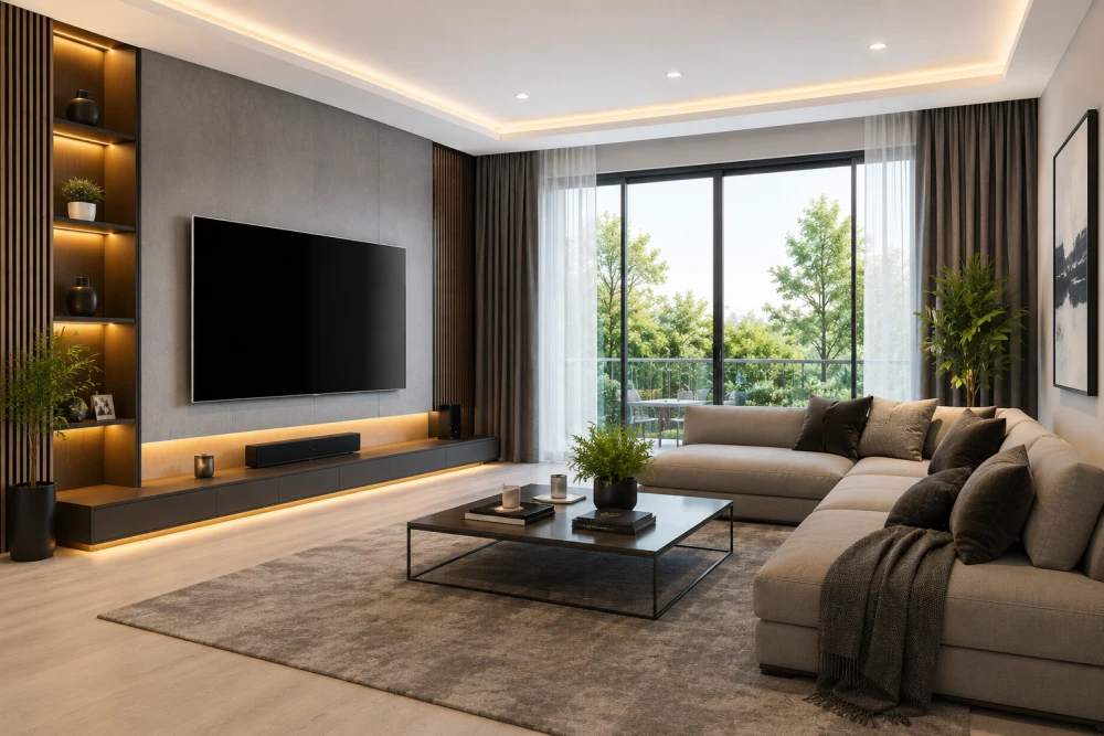 Modern ve şık bir salonda, gri duvar dokusu üzerinde konumlanmış, dikkat çekici büyüklükteki siyah ekranlı bir 85 inç televizyon, altında yer alan soundbar ve ortam aydınlatmalı medya ünitesiyle lüks bir atmosfer sunarken, bej rengi L şeklindeki konforlu koltuk ve geniş camlardan dışarıdaki yemyeşil ağaç manzarası, yaşam alanına doğal bir ferahlık katıyor.