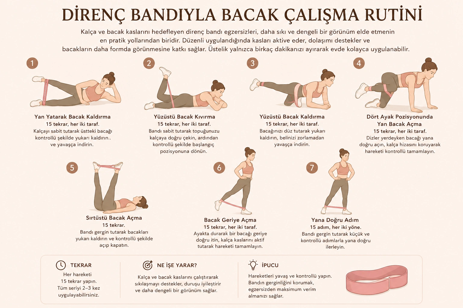 Direnç bandıyla bacak çalışma rutini başlığını taşıyan bu açıklayıcı infografikte, bir kadın figürü yedi farklı direnç bandı egzersizini numaralandırılmış resimlerle detaylı bir şekilde gösteriyor; her hareketin tekrar sayısı, faydaları ve uygulanışı açıklanıyor.