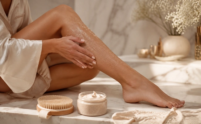 Mermer bir banyo tezgahının üzerinde oturan, parlak saten bir bornoz giymiş bir kadın, elleriyle alt bacağına granüllü bir peeling ürünü uygulayarak cildini nazikçe ovuyor; yanında kusursuz bacaklar için kullanılan bir vücut fırçası ve peeling kremi duruyor.