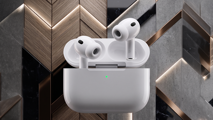 Beyaz Apple AirPods Pro kablosuz kulaklıklar, kapağı açık şarj kutularının içinde, arkasında ahşap, mermer ve beton görünümlü panellerden oluşan, ışık şeritleriyle aydınlatılmış modern bir duvar dekorunun önünde konumlanmış durumda, şarj kutusunun önündeki küçük yeşil gösterge ışığı yanıyor.