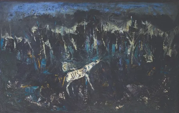Art Basel görülmesi gerekenler listesinden, koyu mavi, siyah ve gri tonların baskın olduğu, soyut bir orman manzarasında kalın beyaz fırça darbeleriyle ışıldayan, adeta karlı bir geyiği andıran etkileyici bir sanat eseri.