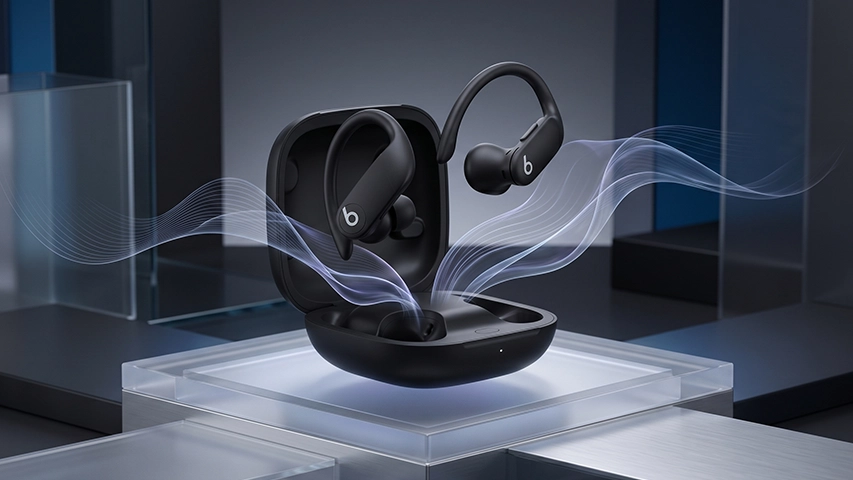 Modern ve minimalist bir ortamda şık bir şekilde sergilenen siyah Beats Powerbeats Pro kablosuz kulaklıklar, açık şarj kutusundan çıkanlar ve dışarıda duranlar olmak üzere iki farklı şekilde görülüyor, kulaklıklardan yayılan hafif dalgalı ışıklar yüksek ses performansını ve kablosuz özgürlüğü ima ediyor.