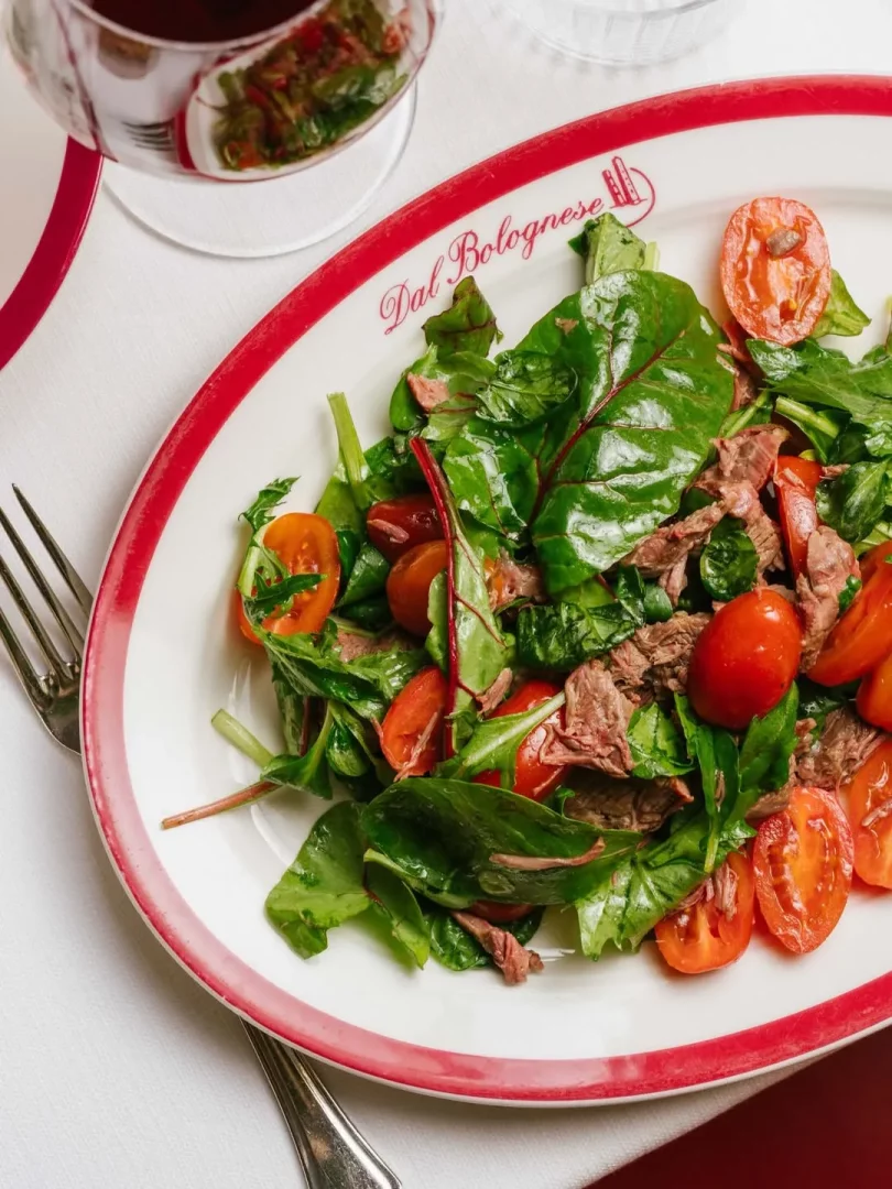 Beyaz kenarı kırmızı oval bir tabakta, yeşil yapraklı sebzeler, yarıya kesilmiş çeri domatesler ve ince dilimlenmiş et parçaları içeren iştah açıcı bir salata bulunmaktadır. Tabağın üzerinde kırmızı renkte Dal Bolognese yazısı ve küçük bir logo görülürken, beyaz masa örtüsü üzerinde bir çatal ve kadeh içinde kırmızı şarap kısmen yer alıyor.