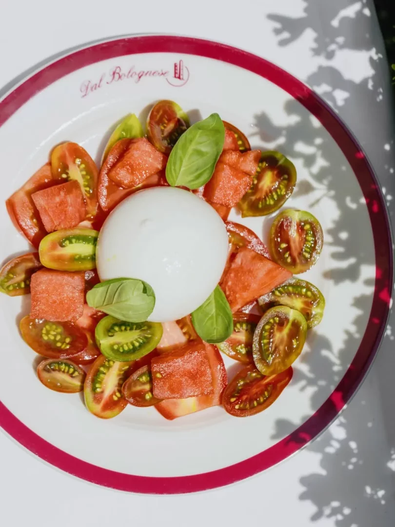 Dal Bolognese yazılı, kenarları kırmızı çizgili beyaz bir tabakta, ortasında iştah açıcı bir burrata peyniri, etrafında farklı renklerde dilimlenmiş kiraz domatesler, karpuz küpleri ve taze fesleğen yapraklarıyla süslenmiş, güneşli bir ortamda servis edilen bu lezzetli salata.