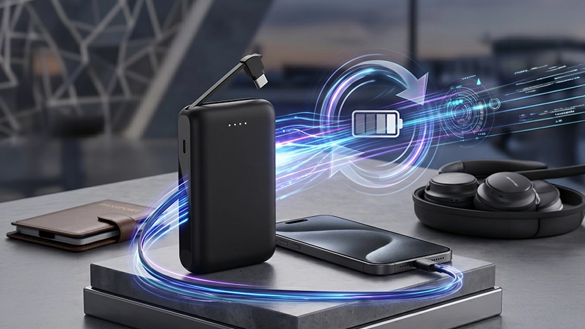 Modern bir çalışma masasında, entegre kablolu siyah bir powerbank, parlak mavi ve mor enerji akışıyla bir akıllı telefonu şarj ederken görülüyor; arka planda şarj döngüsü simgesi, pasaport ve kablosuz kulaklıklar bulunuyor ve bu görsel en iyi powerbank modellerinin verimliliğini vurguluyor.