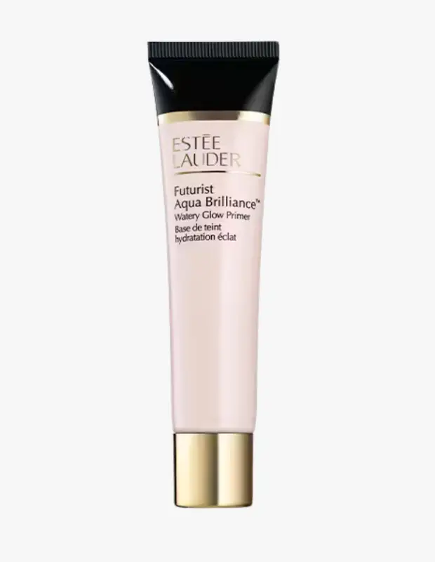 Estee Lauder markasına ait, Futurist Aqua Brilliance Watery Glow Primer adıyla bilinen ve cilde ışıltılı, nemli bir görünüm kazandırmayı vadeden, siyah kapaklı ve altın detaylı açık pembe renkli bir makyaj bazı tüpü.