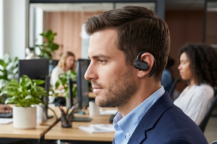 Ofis ortamında lacivert takım ceketi ve açık mavi gömlek giymiş, kulağında belirgin JBL logosuyla siyah bir JBL Soundgear Sense açık kulaklık takılı, hafif sakallı bir erkek figürü, bulanık arka planda çalışan diğer meslektaşlarıyla birlikte modern bir iş yerinde düşünceli bir ifadeyle ileriye bakıyor.