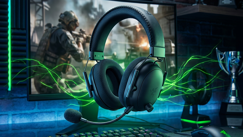 Razer BlackShark V2 Pro oyuncu kulaklığı, aksiyon dolu bir savaş sahnesinin ekranda yansıdığı, mavi ve yeşil neon ışıklarla aydınlatılmış bir oyuncu masasında yeşil enerji akımları içinde dikkat çekici bir şekilde yer alıyor.