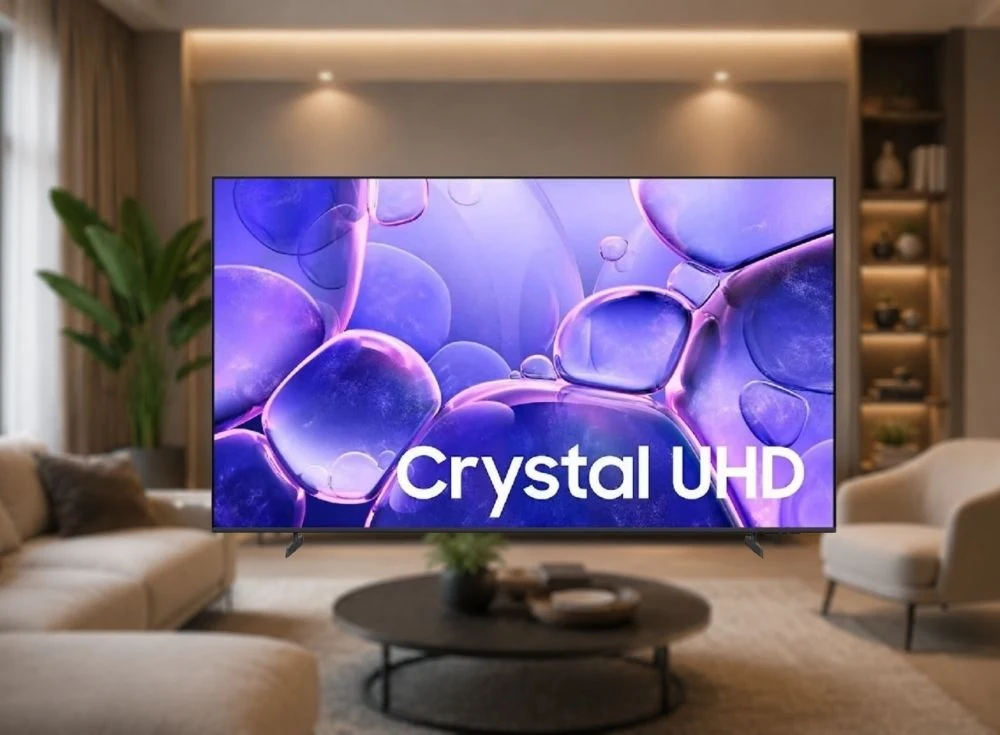 Modern bir salon veya oturma odası dekorasyonuna mükemmel uyum sağlayan, ekranında mor renkli kabarcıklarla soyut bir görüntü üzerinde açıkça görünen Crystal UHD yazısıyla dikkat çeken şık bir Samsung 50 inç televizyon, ev eğlencesi için ideal bir odak noktası oluşturuyor.