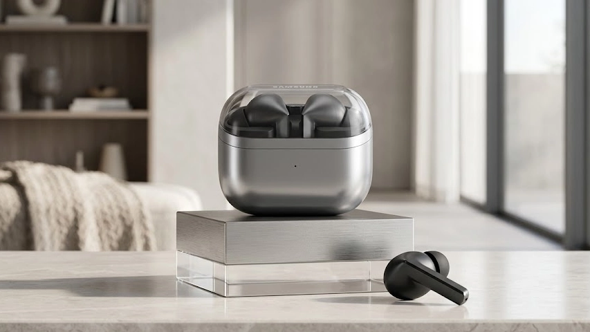 Modern bir iç mekanda, şık tasarımlı, şeffaf kapaklı gümüş renkli bir Samsung Galaxy Buds 3 Pro şarj kutusu metal ve şeffaf kaide üzerinde konumlanmış; kutunun hemen yanında ise tek bir siyah kablosuz kulaklık açık renkli mermer yüzeyde duruyor, arka planda bulanık bir oturma odası manzarası mevcut.