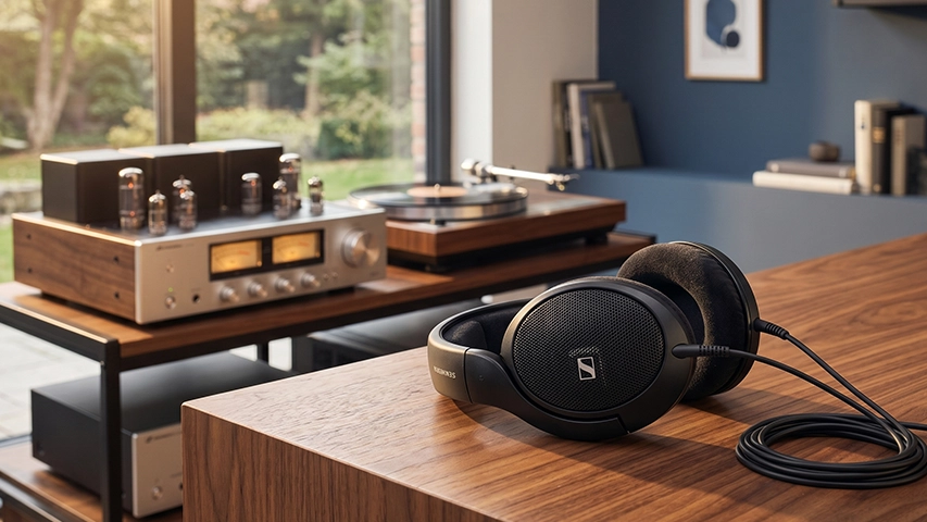 Ahşap bir yüzeyde duran, fileli dış yüzeye ve yumuşak kadife pedlere sahip siyah Sennheiser HD 560S kulaklık, yanında kıvrılmış kablosuyla dikkat çekerken, arka planda tüplü bir amplifikatör ve pikap içeren şık bir hi-fi ses sistemi pencerenin önünde doğal bir ortamda konumlanıyor.