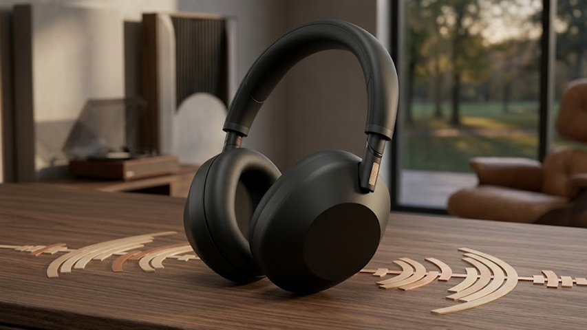 Siyah renkli, gürültü önleyici Sony WH-1000XM6 kulaklıklar, modern bir yaşam alanında ahşap masanın üzerinde duruyor; masanın üzerine oyulmuş estetik ses dalgası deseni ve arka plandaki doğal ışıklı pencere manzarası, cihazın rahat kullanım ortamını vurguluyor.