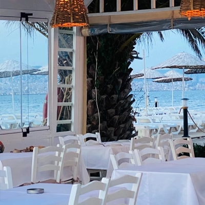 Teos Restoran'ın beyaz örtülü masaları ve sandalyeleriyle döşenmiş iç mekanından bakıldığında, hasır avizelerin aydınlattığı ferah ortamdan Kınalıada denizine açılan pencereden; plajdaki şezlonglar, hasır şemsiyeler, büyük bir hurma ağacı ve ufukta uzanan şehir silüeti net bir şekilde görünmektedir.