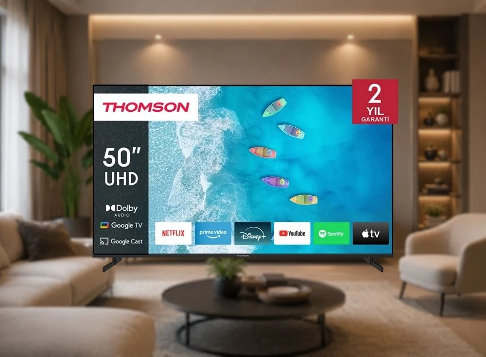 Marka Adı: Thomson
Ürün Adı: Thomson 50UG4S15 50 İnç QLED 4K Google TV
Ürün Cinsiyeti: Belirtilmemiş
Ürün Tipi: Televizyon
Ürün Sezonsallığı: Belirtilmemiş
Ürün Çeşidi: Smart TV, QLED Televizyon, 4K UHD Televizyon
Ürün Özellikleri: Bu Thomson 50UG4S15 televizyon, 50 inç QLED panele ve 4K Ultra HD çözünürlüğe sahiptir. Google TV işletim sistemiyle zengin bir akıllı TV deneyimi sunar ve HDR desteği sayesinde daha canlı renkler ve yüksek kontrastlı görüntüler elde edilir. Dahili Google Asistan desteğiyle sesli komutlarla kolay kullanım imkanı sunarken, yerleşik Chromecast özelliği içeriklerin mobil cihazlardan kolayca aktarılmasını sağlar. WiFi ve Bluetooth bağlantı seçenekleriyle geniş bir bağlantı ağına sahiptir. Dolby Audio teknolojisi ile zengin ses kalitesi sunar ve Netflix, Prime Video, Disney+, YouTube, Spotify, Apple TV gibi popüler uygulamalar ön yüklü olarak gelir. Modern ve ince çerçeveli tasarımıyla her yaşam alanına estetik bir dokunuş katarak 2 yıl garanti güvencesiyle sunulmaktadır.
Öne Çıkan Detaylar:
- 50 inç QLED 4K Ultra HD ekran ve HDR desteği ile canlı ve detaylı görüntüler sunar.
- Google TV işletim sistemi, Google Asistan ve dahili Chromecast ile akıllı ve sezgisel kullanım kolaylığı.
- Dolby Audio teknolojisi ve popüler streaming uygulamalarına hızlı erişim ile zengin ses ve içerik deneyimi.
Kimler Kullanıyor?: Bu televizyon, ev eğlence sistemini güncel tutmak isteyen, en yeni teknoloji trendlerini takip eden ve özellikle Google ekosisteminin sunduğu akıllı özelliklerden faydalanmayı seven herkes için idealdir. Film, dizi ve diğer dijital içerikleri yüksek görüntü ve ses kalitesiyle deneyimlemek isteyen kullanıcılar için tasarlanmış olup, kolay arayüzü sayesinde her yaştan teknoloji meraklısına hitap eder.