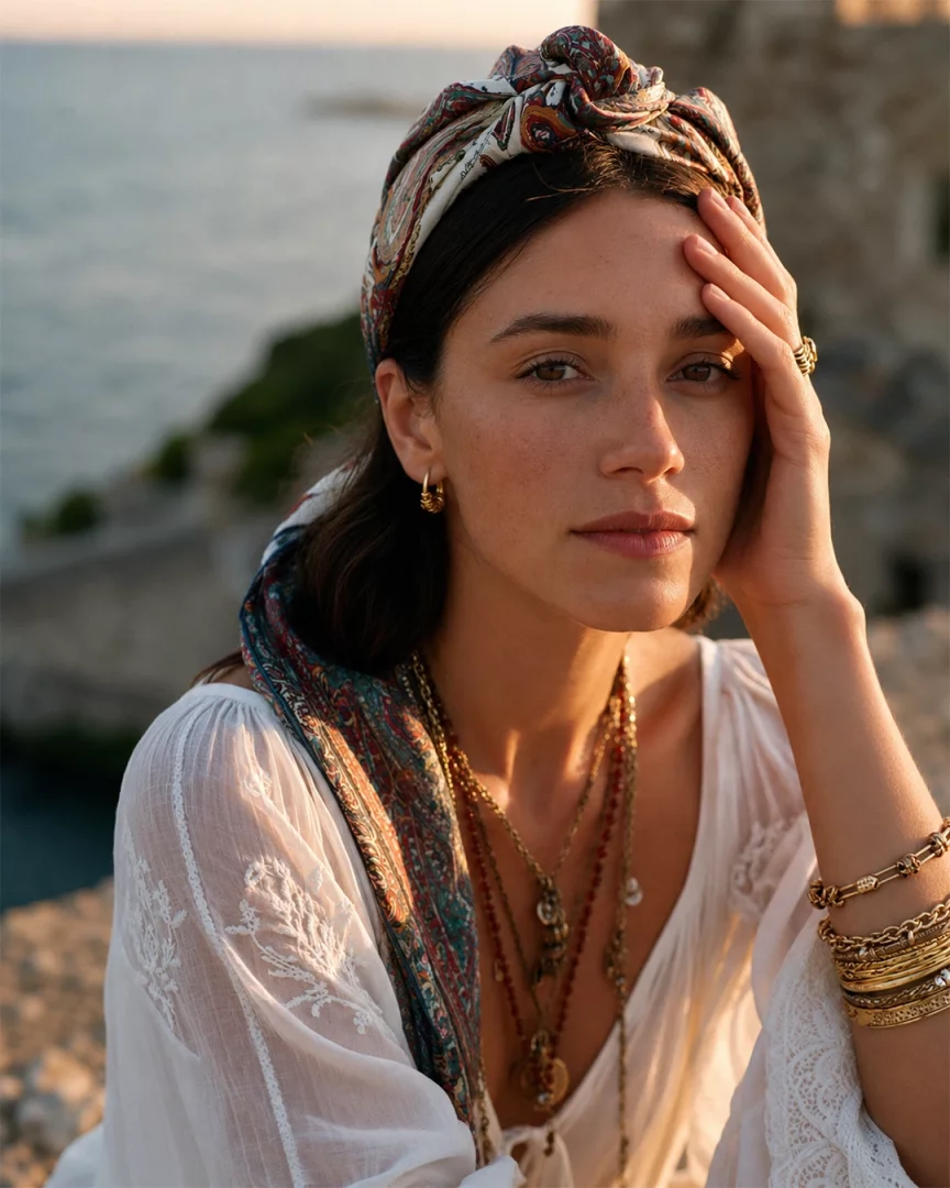 Deniz kenarında gün batımında oturan, başına renkli desenli bir bandana bağlamış, şık altın takılar ve beyaz nakışlı bluzuyla modern bir bohem havası yakalayan genç bir kadın, bandanalı saç modelleri arasında doğal ve etkileyici bir görünüm sunuyor.