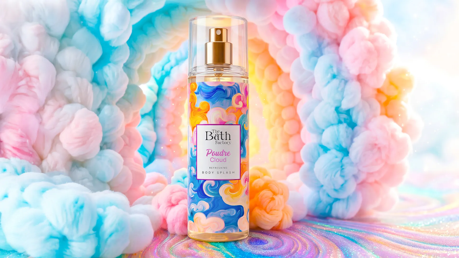 The Bath Factory markasının Poudre Cloud Refreshing Body Splash ürünü, etiketindeki canlı mavi, turuncu ve pembe bulut desenleri ile pastel tonlarda uçuşan bulutlar ve pırıltılı zemin üzerinde konumlanarak markaların yaz dönemi için sunduğu yeni gelişmeleri ve ferahlatıcı tasarımları temsil ediyor.