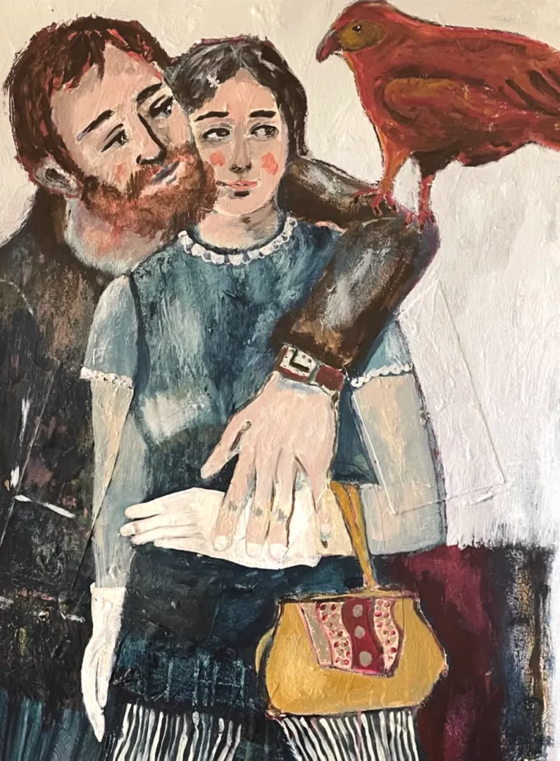 Bu tabloda, sakallı bir adamın mavi elbiseli bir kadını şefkatle kucakladığı ve kolunda büyük kızıl bir kuşun durduğu romantik bir an tasvir edilmiş, Bodrum Atölye Buluşmaları ruhunu yansıtan duygusal bir çalışma.