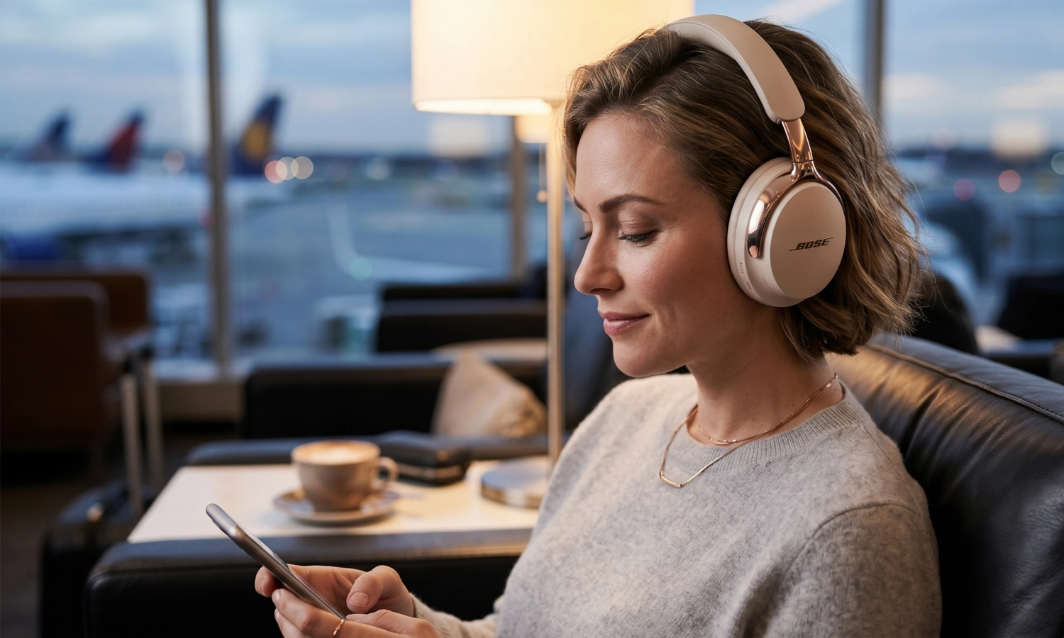 Bir havalimanı salonunda, pencereden dışarıdaki uçakların göründüğü bir ortamda oturan bir kadın, açık renkli Bose QuietComfort Ultra 2 kablosuz kulaküstü kulaklığıyla telefonuna bakarak aktif gürültü engellemenin keyfini çıkarıyor.