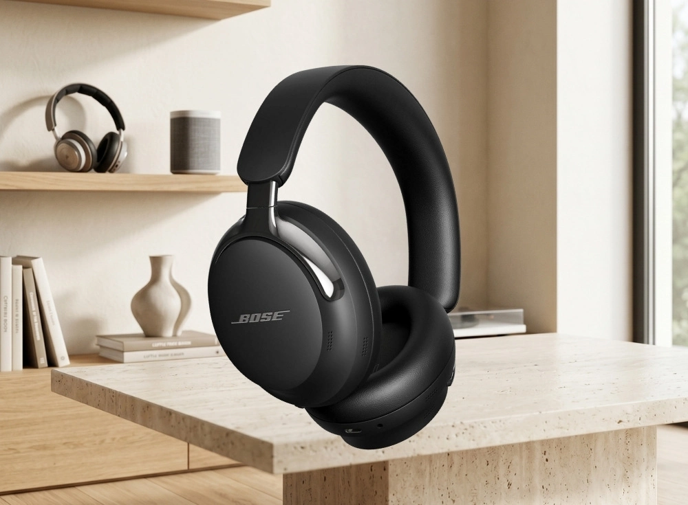 Açık renkli, dokulu bir masa üzerinde, arka planda ahşap raflar ve dekoratif objelerle modern bir ortamda konumlanmış, siyah renkli Bose QuietComfort Ultra 2. Nesil kulak üstü kulaklık, gelişmiş aktif gürültü engelleme teknolojisiyle üstün bir dinleme deneyimi sunuyor.