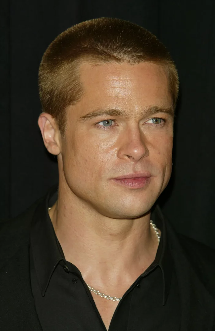 Aktör Brad Pitt'in Troy filminin galasında çekilmiş yakın portresinde, kısa sarı saçları, mavi gözleri ve hafifçe sağa bakan ciddi bir ifadesi dikkat çekerken, siyah gömleğinin üzerinde gümüş bir zincir kolye takmış ve arka plan koyu renktedir.