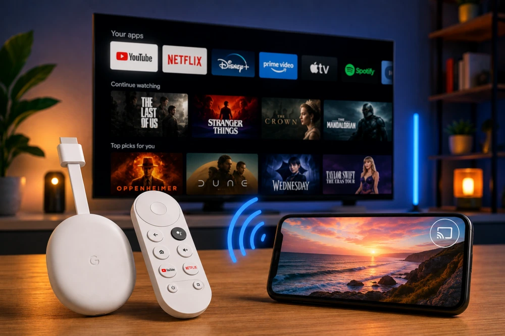 Ahşap bir yüzeyde duran beyaz Chromecast ve kumandası, arka plandaki çeşitli yayın platformlarını gösteren bir televizyon ekranı ile ön planda okyanus gün batımı manzarası yansıtan ve ekran yansıtma simgesine sahip yatay bir akıllı telefonun ortasında, kablosuz bağlantıyı vurguluyor.