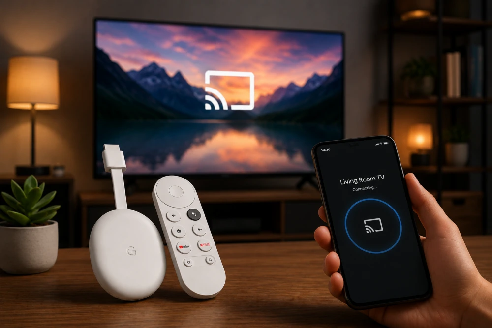 Geniş ekranlı bir akıllı televizyonda dağ ve göl manzarası üzerinde Cast simgesi belirginleşirken, ön planda beyaz bir Google Chromecast cihazı, uzaktan kumandası ve akıllı telefon ekranında Bağlanılıyor... yazısıyla televizyona ekran yansıtma (Cast) bağlantısının kurulma aşaması gösteriliyor.
