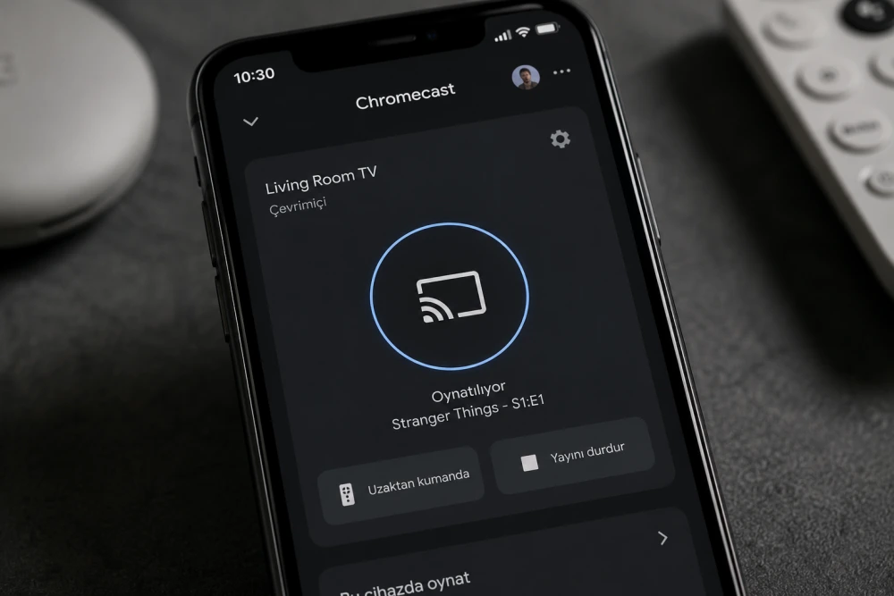 Yakın çekimde, koyu tema ayarlı bir iPhone ekranında Chromecast uygulamasının Living Room TV'ye Stranger Things yayınladığını gösteren arayüz, uzaktan kumanda ve yayını durdur seçenekleriyle belirginleşirken, arka planda bulanık halde beyaz bir cihaz ve kumanda yer alıyor.