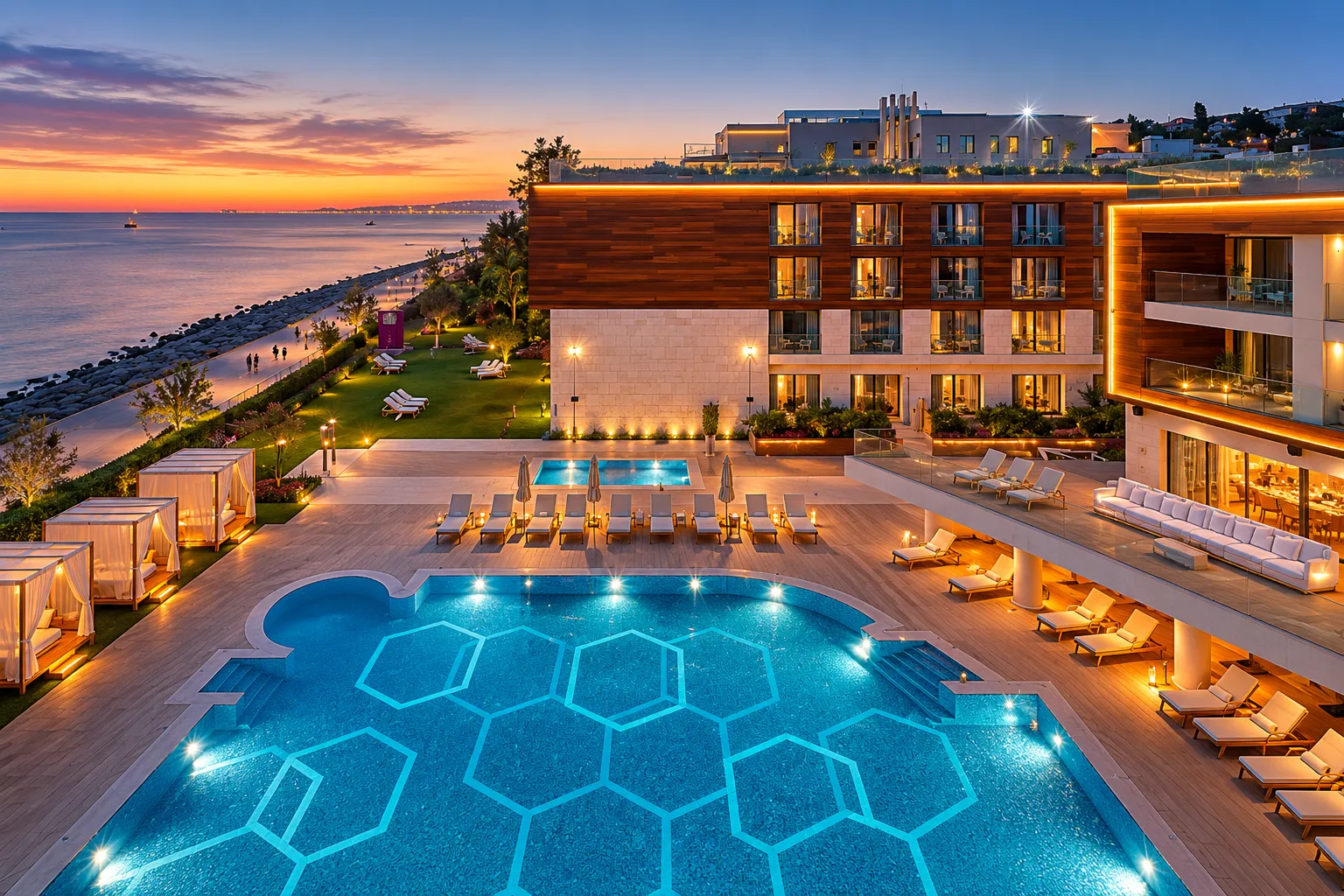 Bir akşamüstü manzarasıyla, ışıl ışıl aydınlatılmış Crowne Plaza Florya otelinin modern mimarisi, altıgen desenlerle bezeli büyük yüzme havuzu, şezlonglu dinlenme alanları ve masmavi denize nazır eşsiz konumu ile dikkat çekiyor.