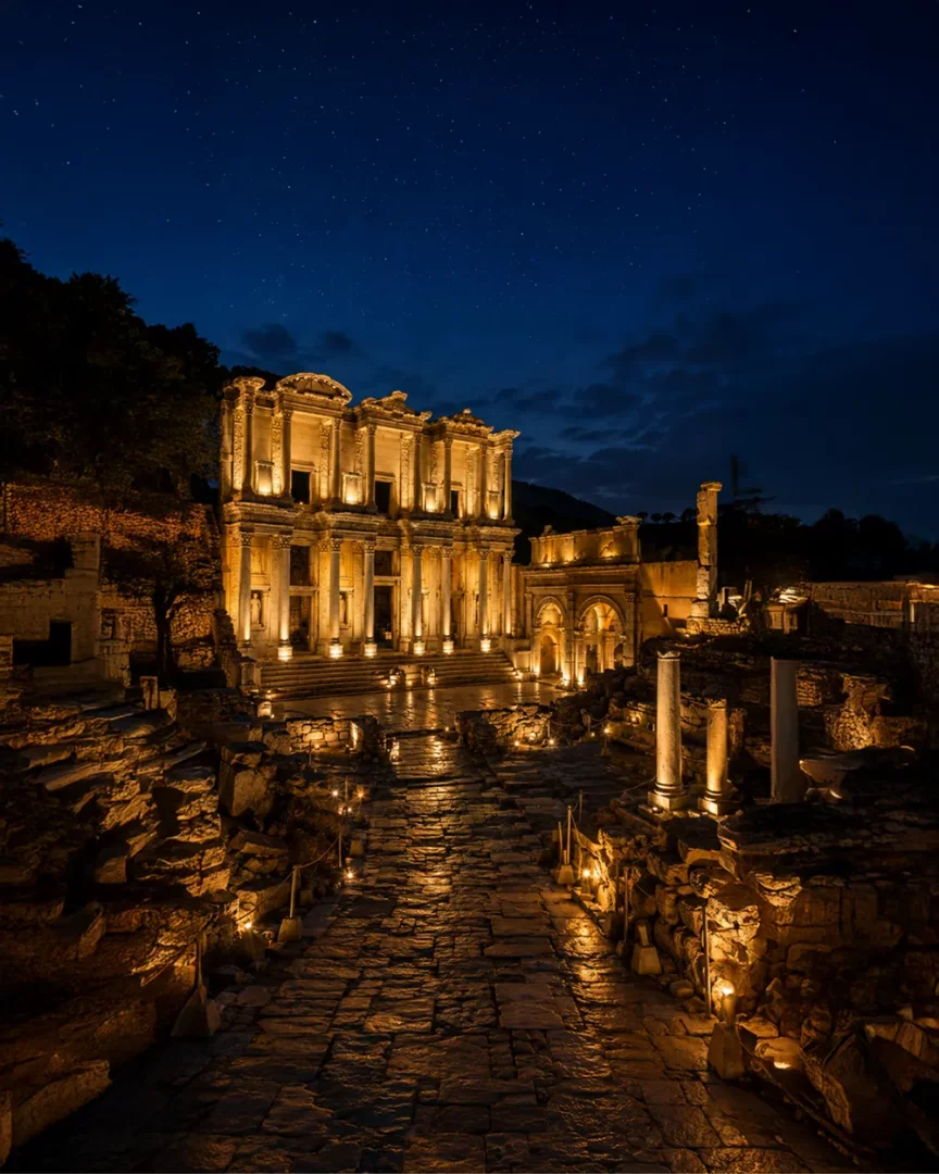 Efes Antik Kenti'nde yıldızlarla dolu gece gökyüzünün altında, Celsus Kütüphanesi'nin görkemli yapısı, çevresindeki antik taş yollar ve kalıntılarla birlikte sıcak sarı ışıklarla aydınlatılarak ziyaretçilere özel bir gece deneyimi sunan büyüleyici bir manzara.