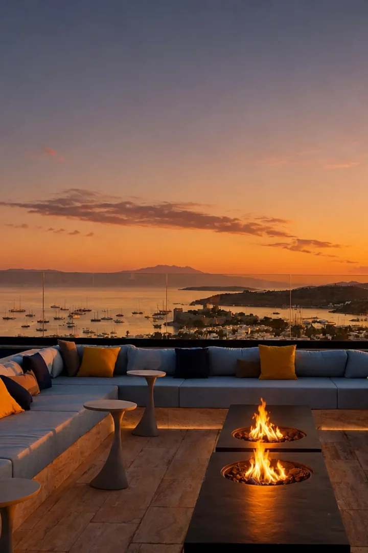 Bodrum'da yer alan yeni mekanlardan Efil Restoran'ın gün batımında çekilmiş bu fotoğrafında, denize nazır lüks bir terasta, Körfez'in ve teknelerin muhteşem manzarasına karşı konumlandırılmış, modern bir köşe koltuk takımı ile etrafına yerleştirilmiş şık sehpalardan ve sıcak bir atmosfer yaratan iki ateş çukurundan oluşan keyifli bir açık hava oturma alanı görülüyor.