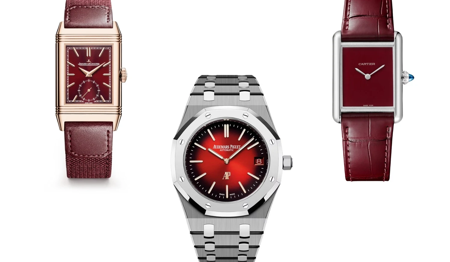 Beyaz bir zeminde, solda gül altın kasalı ve bordo kadranlı Jaeger-LeCoultre Reverso Tribute Small Seconds, ortada paslanmaz çelik kasası ve entegre bileziğiyle dikkat çeken kademeli bordo kadranlı Audemars Piguet Royal Oak Jumbo, sağda ise sade gümüş kasası ve bordo krokodil desenli deri kayışıyla şık Cartier Tank Must Burgundy olmak üzere en iyi üç bordo saat modeli yan yana yer alıyor.