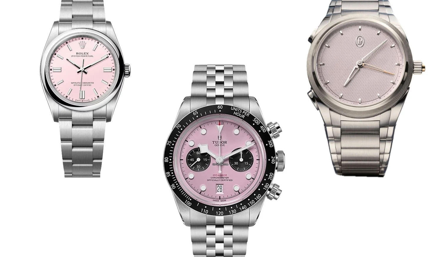 Beyaz bir arka plan üzerinde sergilenen üç farklı pembe kadranlı lüks kol saati; solda klasik Rolex Oyster Perpetual, ortada kronograf özellikli Tudor Black Bay Chrono ve sağda zarif Parmigiani Tonda PF Minute Rattrapante modelleri, makalede öne çıkarılan en iyi pembe saatleri temsil etmektedir.