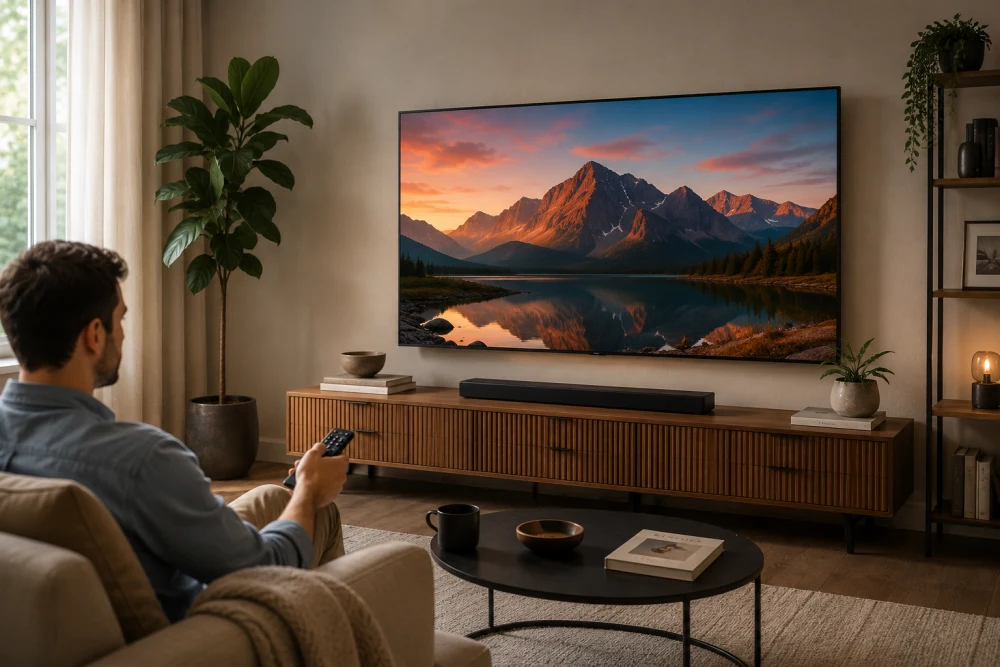 Bir adam, modern minimalist bir salonda rahat bir koltukta otururken uzaktan kumanda ile duvara monte edilmiş büyük bir Samsung televizyonu izliyor; ekranda gün batımının dağlara yansıyan muhteşem göl manzarası büyüleyici bir atmosfer yaratıyor.