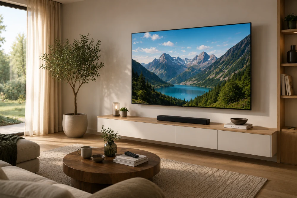 Geniş bir pencereden doğal ışıkla aydınlanan, modern ve minimalist bir salonda, duvar monte edilmiş büyük bir Smart TV ekranında karlı dağlar ve berrak bir göl manzarası sergilenirken, TV'nin altındaki şık ahşap TV ünitesi üzerinde siyah bir soundbar ve zarif dekoratif objeler yer alıyor.